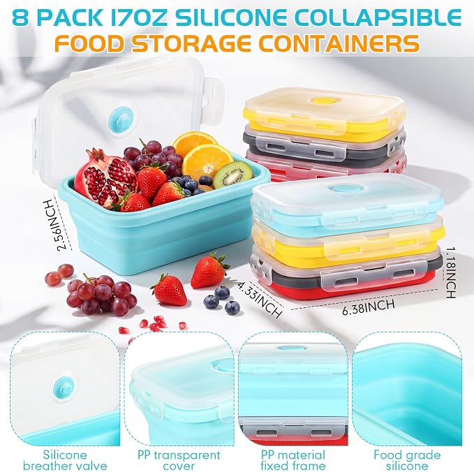 Mifoci Set of 8 Silicone Collapsible Bowls for Camping with Vent Lid Silicone Storage Containers for Food Meal Preparation Square Bowl Microwave Freezer Dishwasher Safe (Candy Color,17 Oz/ 500 ml)