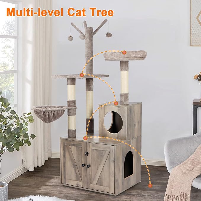 Timberer Litter Box Enclosure with Cat Tree, 2-in-1 Cat Tree Tower, Hidden Cat Litter Box Furniture with Scratching Post, Modern Cat Condo, Grey