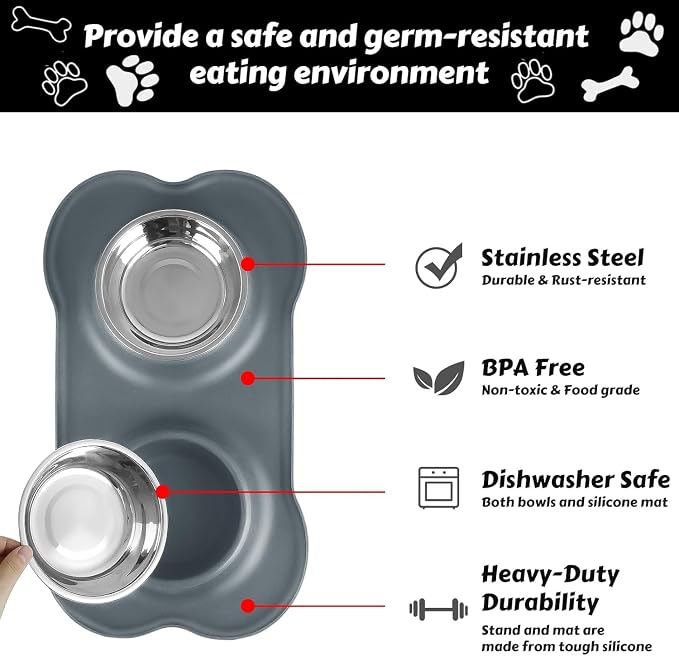 AsFrost Dog Food Bowls Stainless Steel Dog Food & Water Bowl Set with No Spill Non-Skid Silicone Mat, Dog Dishes Pet Feeding Bowls for Small Medium Large Sized Dogs Cat Puppy Food Bowl, Grey, 4 Cup