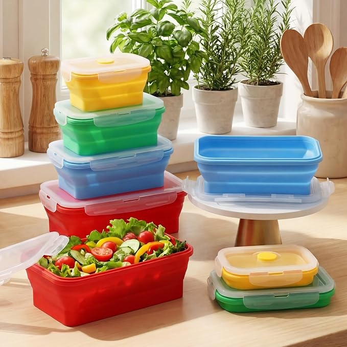 Mifoci Set of 8 Silicone Collapsible Bowls for Camping with Vent Lid Silicone Storage Containers for Food Meal Preparation Square Bowl Microwave Freezer Dishwasher Safe(Vibrant Color,Assorted Sizes)