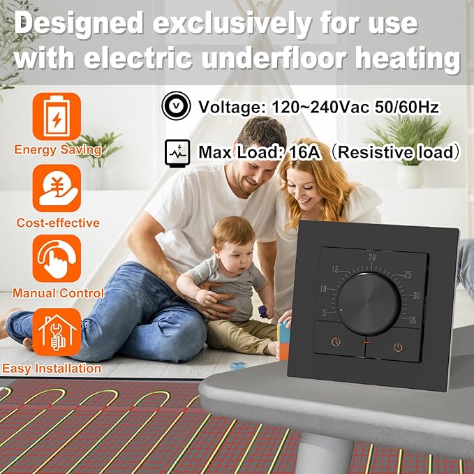 HEATIT Thermostat for Floor Heating, Manual Non-Programmable Electric Floor Heating Thermostat, Wide Voltage 100V-240V, Black