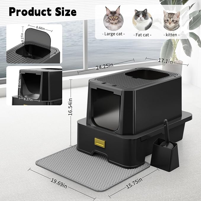 RIZZARI Stainless Steel Cat Litter Box with Lid, Extra Large Enclosed Metal Litter Box with Drawer & Deodorizer Spray, High Sided Top Entry Odor Control Design for Cats, Apartments & Multi-Cat Homes