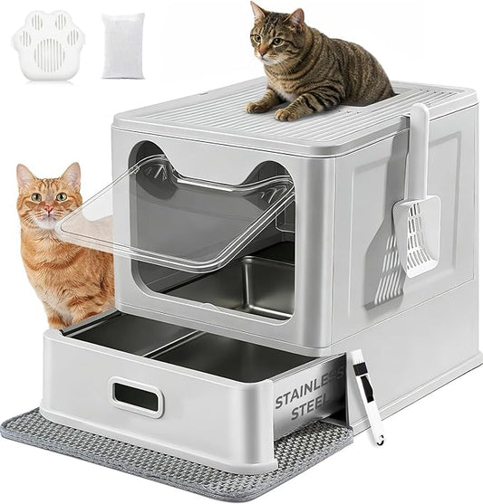Stainless Steel Cat Litter Box with Lid, Top Entry Covered Box, Deeper Pan | Metal Litter Box with Lid & Pull-Out Drawer for Big Cats, Leak-Proof Baffles, with charcoal filters and Mat & Scoop