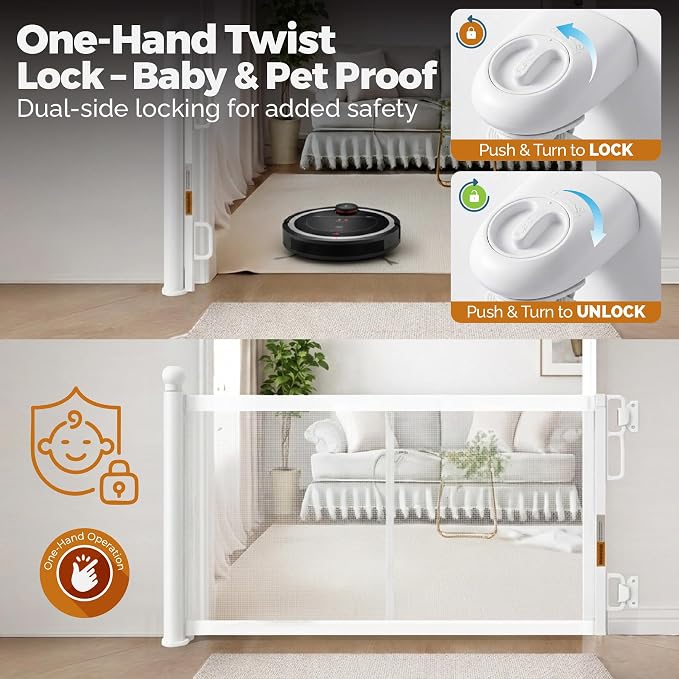 Retractable Baby Gate - 72" Wide Mesh Dog Gate with Support Rods - 34" Tall for Stairs, Doorways, Hallways - Drill or No-Drill - Pet & Cat Gate - Outdoor/Indoor (White, 5.91 Feet)