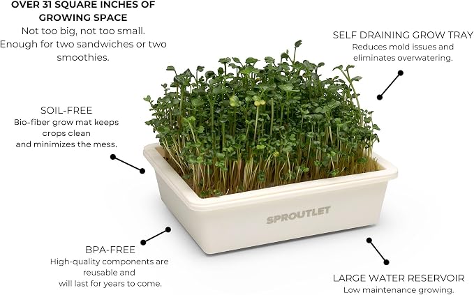 Sproutlet Self-Watering Microgreens Growing Kit – Easy Indoor Garden for Fresh Microgreens in Days – Reusable Trays, Organic Seeds & Grow Mats – No Soil, No Mess (Pearl, 1-Pack)