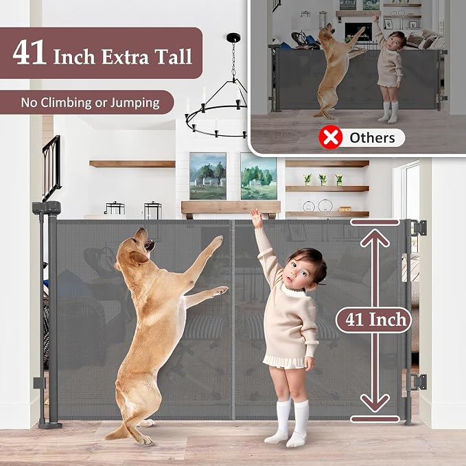 Reinforced 41 Inch Extra Tall Retractable Baby Gate 55" Wide Mesh Baby Gate Retractable Pet Gate with Support Rods – Prevents Crawling Under, Indoor Retractable Gate Outdoor Extra Tall Pet Gate, Gray