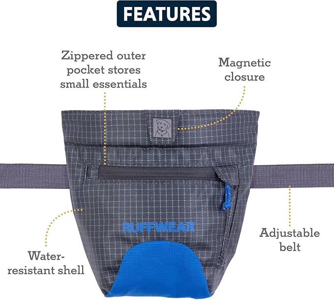 Ruffwear Treat Trader Dog Treat Pouch, Hands-Free Waist-Worn, One-Handed Magnetic Closure, Belt (30-48 in) or Clip, Waterproof Food-Grade Lining, Zippered Pocket, Clicker Loop, Blue Pool, Granite Gray