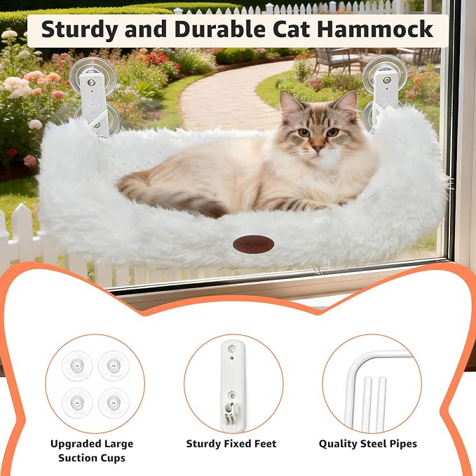 Woochpet Cordless Cat Window Perch for Kitty,Soft Plush Cushion Fabric Cat Hammock for Window with 4 Strong Suction Cups and Solid Metal Frame,Easy to Assenble,Foldable Window Seat for Cats Inside