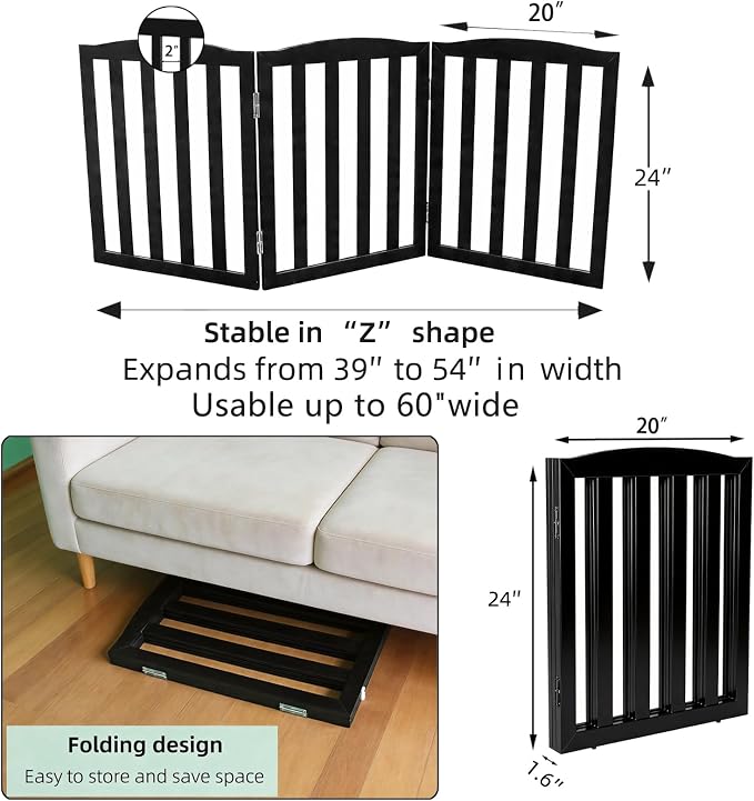 Freestanding Dog Gate Indoor,Doggie Gate Foldable Pet Gates for Doorways,Stairs or Hallways, Wooden Black Pet Gate for the House, Pet Fence,24 "Height-3 Panels