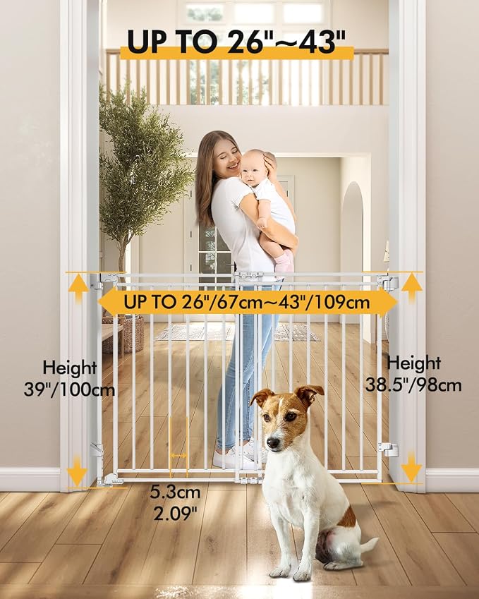 Baby Gate for Stairs, Doorways & Hallways with Auto Close – 26.4"-43" W x 39" H, Extra-Wide Walk Thru and No Bottom Bar for Easy Access, Adjustable Safety Gate for Dogs & Toddlers, White