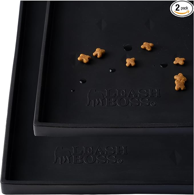 Leash Boss Dog Food Mat - 2-Pack, Waterproof Cat & Dog Bowl Mat for Food and Water, Silicone Pet Feeding Mats for Floors, Non-Slip Placemat with High Edges, Puppy Essentials (Small: 18"x11", Black)
