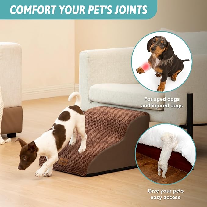 COZY KISS Dog Stairs for Small Dogs 11.8" H, Pet Step with Leakproof Cover, High Density Foam Cat Ramp for Chair or Sofa, Lightweight, Durable, Comfort, 15.7x19.7x11.8 inch, 2 Step, Brown