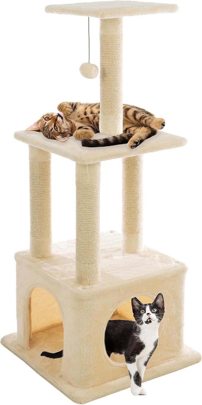 44 Inch Tall Cat Tree Tower - Cat Tower with Napping Perches, Kitten Condo, 4 Rope Scratching Posts, and Hanging Toy - Multi-Level Kitten Tree and Climbing Activity Furniture by PETMAKER (Beige)