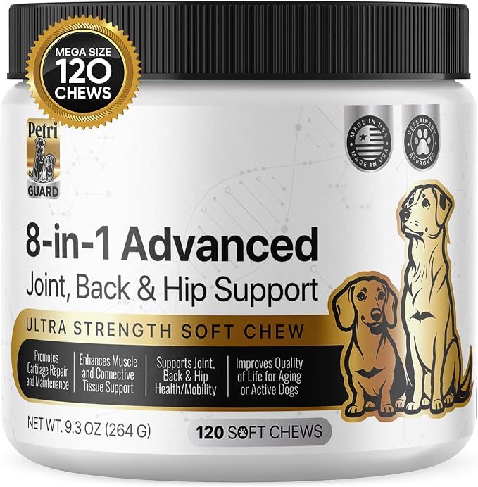 PetriGuard | Advanced Hip, Back & Joint Supplement for Dogs | Ultra Strength Formula w/ 8 Active Ingredients | USA Made & Veterinarian Approved | Glucosamine, Turmeric, MSM + 5 More - 120 Chews