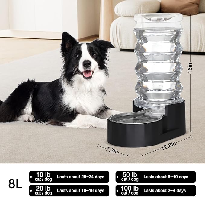RIZZARI Black 8L Gravity Dog Water Dispenser with Stainless Steel Bowl - Ion Exchange & Activated Carbon Filter for Urinary Health, Auto-Refill with No Pump & Spill Resistant, for Multi-Pet Homes