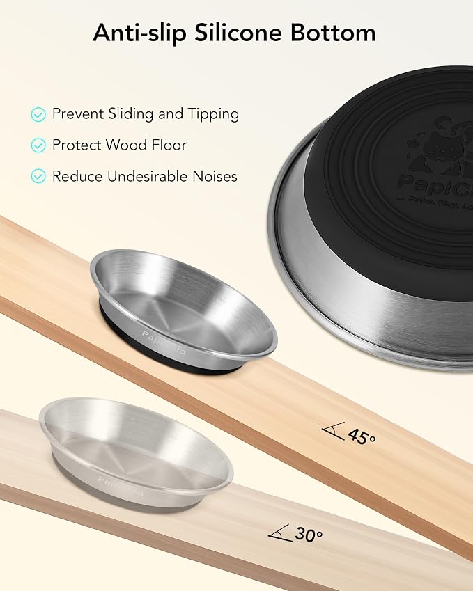 Stainless Steel Cat Bowls 2 PCS, Non-Slip cat Food Dishes, Metal Pet Food and Water Bowls, Whisker Friendly with Wide and Shallow Design, 6.3'' Wide, 0.7mm Thick Steel, Ideal Pet Dish (2 PC-6.3in)