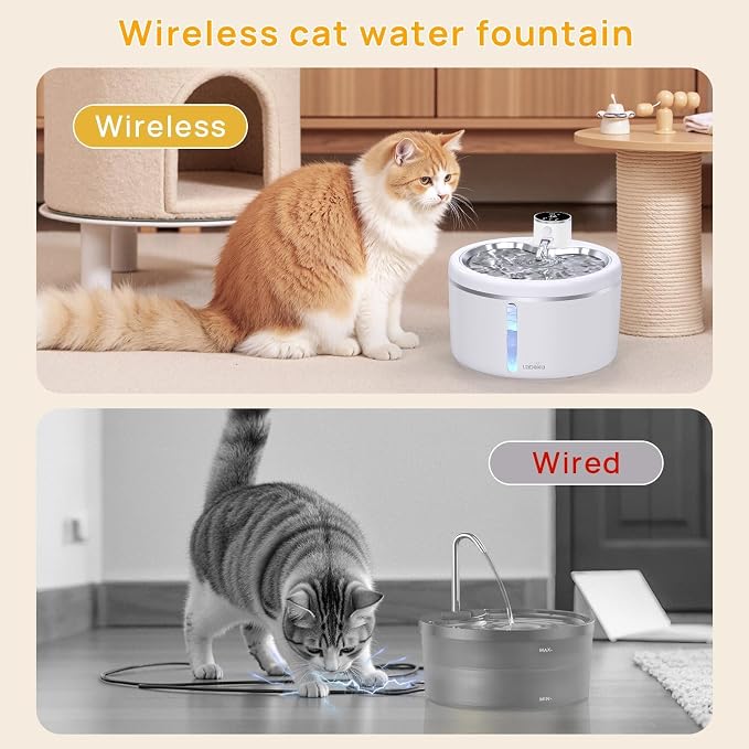 Wireless Cat Water Fountain-[Stainless Steel Tray], 102oz/3L Pet Water Fountain for Cats Inside, Cat Fountain for Drinking with Motion Sensor, Ultra Quiet Pump, Cats & Dogs Gifts (102oz+8Filters)