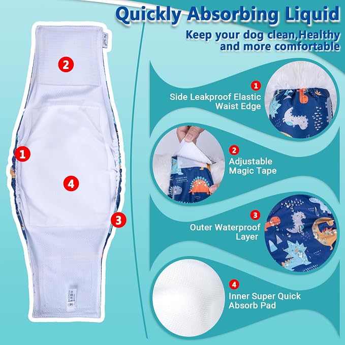 Pet Soft Dog Belly Band - 3 Packs Reusable Dog Diapers Male Doggy Diapers Wraps - Washable Dogs Belly Bands for Male Dogs (Dino, L)