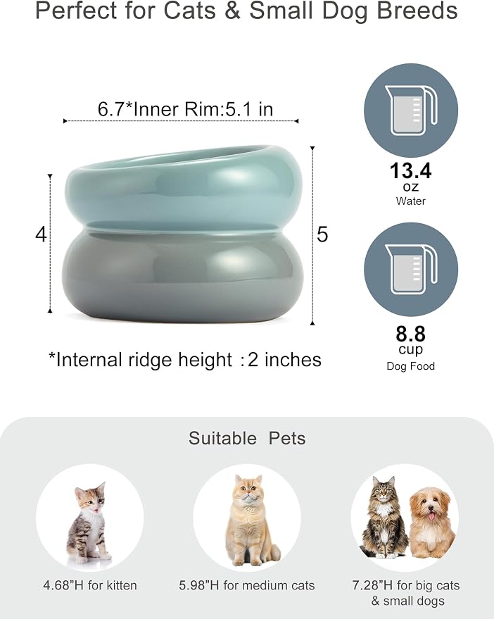 Elevated Cat Water Bowls Raised Small Ceramic Dog Bowl,Non-Slip Tilted Cat Food Bowl Whisker Friendly-Blue