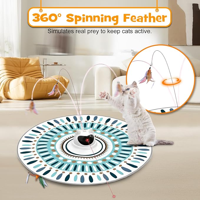 3 in 1 Automatic Interactive Cat Toy for Indoor Cats, USB Rechargeable Adjustable Laser, 360° Rotating Feather Wand, Real Bird Chirp, Motion-Activated Hide Seek Mat, Auto-Off, Quiet Operation