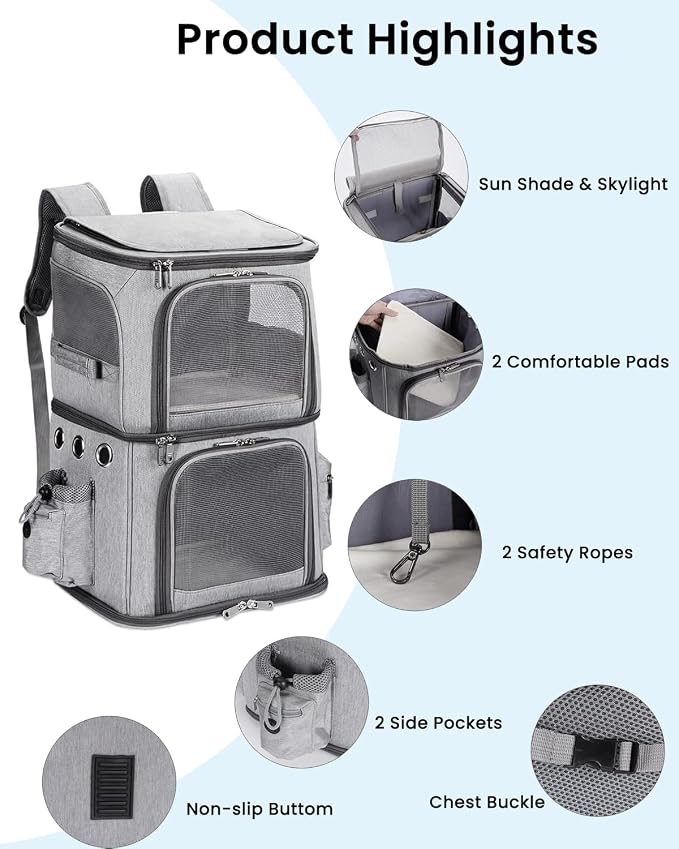 HOVONO Double-Compartment Pet Carrier Backpack for Small Cats and Dogs, Cat Travel Carrier for 2 Cats, Perfect for Traveling/Hiking/Camping, Grey, XL