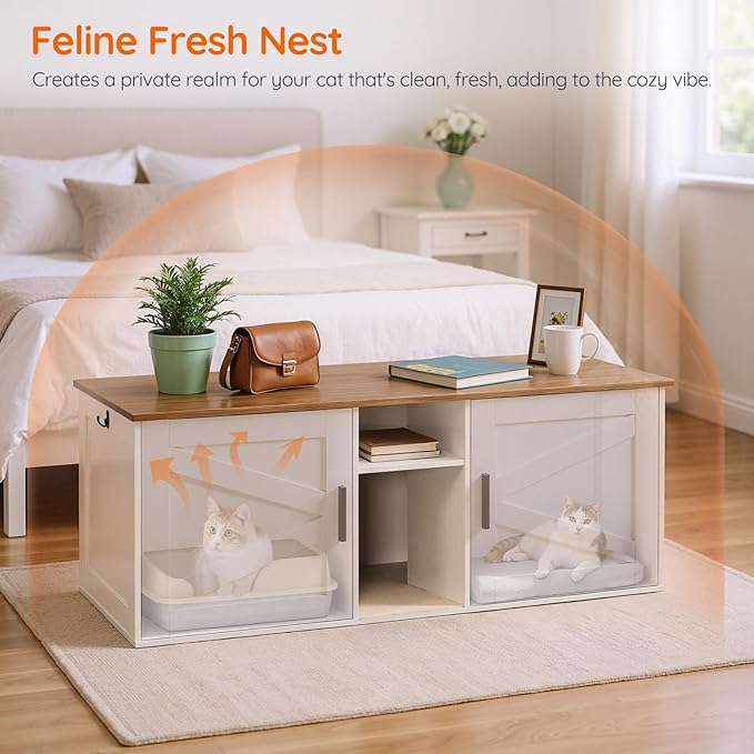 HOOBRO Double Litter Box Enclosure, Modern Cat Litter Box Furniture with Storage and Mat Design, Farmhouse Hidden Litter Box Enclosure with 2 Hooks, White and Walnut WH23MW01