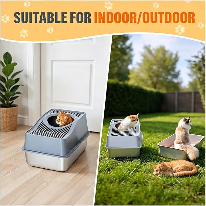 Top Entry Cat Litter Box with Lid, Stainless Steel Enclosed Cat Kitty Litterbox, Top Loading Large Metal High Side Litter Pan Tray Box Enclosure Easy Cleaning Anti-Leakage