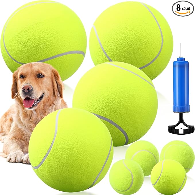 Blueweenly 8 Pack Dog Tennis Balls, 4 Large 9.5" 4 Small 2.5" Tennis Balls for Dogs, Outdoor Herding Dog Toys with Inflation Needle, Pet Birthday Sports Gifts for Small Medium Large Dogs