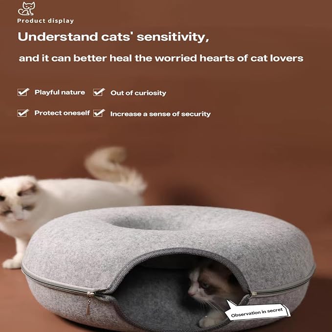 Cat Donut Tunnel Bed for Indoor Cats - Peekaboo Cat Cave, Detachable Felt, Washable, Interactive Play & Cozy Rest Space for Multiple Cats (Light Gray)