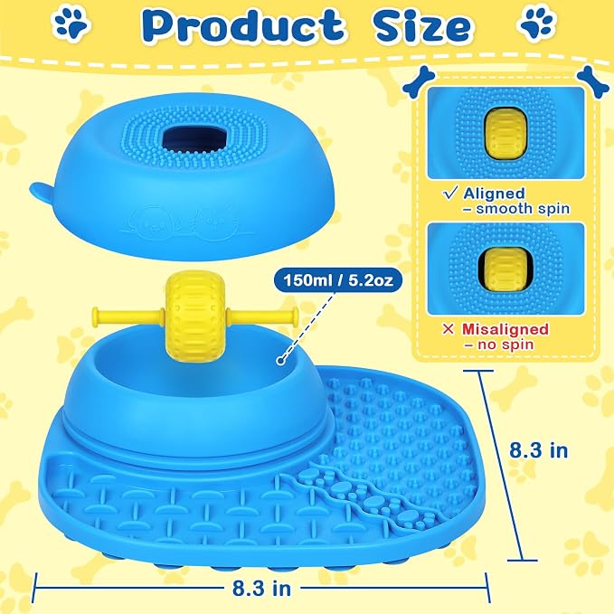 Dog Licking Bowl with Rolling Ball - 2-in-1 Anti-Slip Slow Feeder Dog Bowls w/Lick Mat for Liquid and Thick Treat, 150ml Licking Bowl for Anxiety Relief, Fits Small Medium Large Dogs & Cats Blue 1Pcs