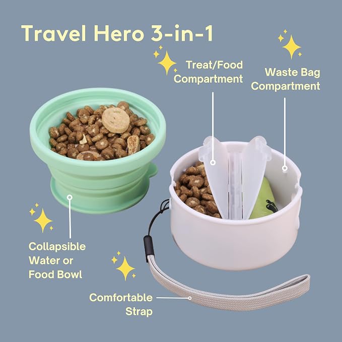 Travel Hero 3-in-1 Portable Pet Food Container for Puppies and Small Breeds, Comes with a Silicone Water Bowl and Poop Bag Dispenser in One, Sea Glass