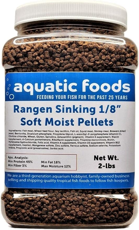 1/8" Soft Moist Sinking Salmon Pellets for Juvenile Axolotls, Shrimp, Snails, Crabs, Small Amphibians, Bottom Tropical Fish...2-lb Med Jar