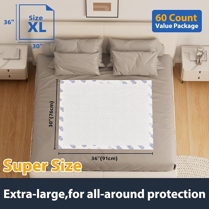 SOFYFINE Disposable Adult Underpads 36"x30" XXL Extra-Large Incontinence Bed Pads – Mattress Protector Pee Pads for Adults Kids, Bed Protection & Training [60 Pads]