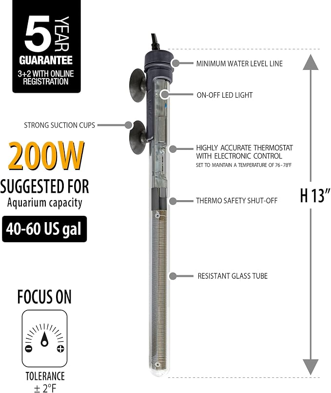 Sicce Scuba 200 Watt Aquarium Fish Tank Heater Preset at 77℉ for Up to 60 Gallons | 200W Submersible for Marine Saltwater and Freshwater | Run Dry Protection