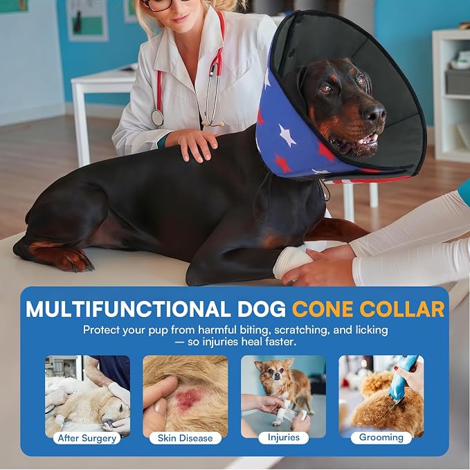 Queenmore Dog Cone, Cone for Dogs to Stop Licking, Dog Cones for Medium Dogs, Adjustable Doggy Recovery Collars & Cones, Elizabethan Collar for Pets After Surgery, USAFlag M