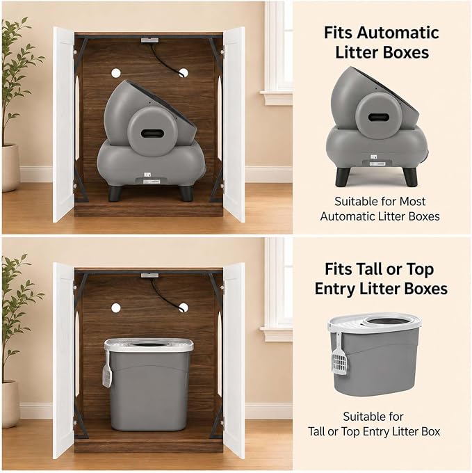 unipaws Extra Large Cat Litter Box Enclosure for Self-Cleaning & Automatic Litter Boxes, Tall Cabinet with Charging Station, Wooden Dog Proof Hidden Cat House for Top Entry Litter Box