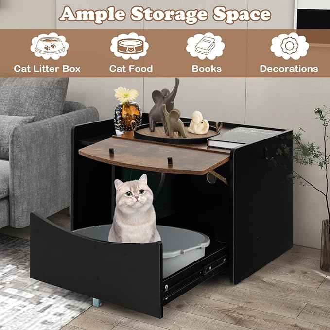 PETSITE Cat Litter Box Enclosure w/Pull-Out Drawer, Hidden Cat Washroom Furniture w/Flip Door, Rolling Caster, Indoor Cat House for Small to Large Sized Cats, Wooden Pet House Side Cabinet