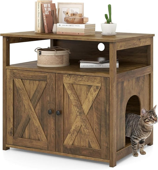 PETSITE Cat Litter Box Enclosure, Farmhouse Litterbox Enclosure Furniture with Double Doors and Open Shelf, Wooden Cat Hidden Litter Box Buffet Cabinet, Retro Style Litter Box Cabinet