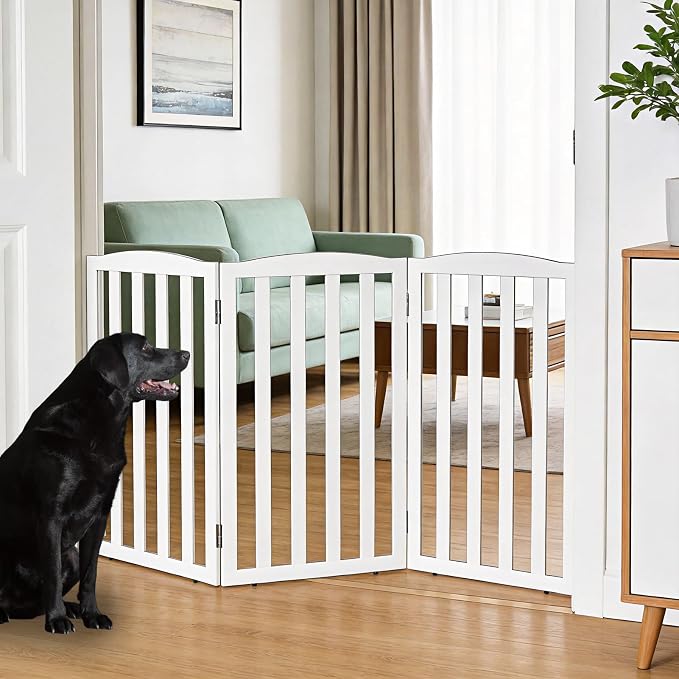 Freestanding Dog Gate Indoor,Doggie Gate Foldable Pet Gates for Doorways,Stairs or Hallways, Wooden White Pet Gate for the House, Pet Fence,32 "Height-3 Panels