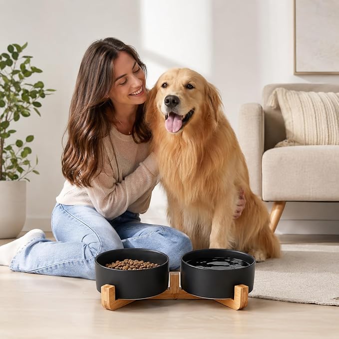 Petygooing Dog Bowls,Black Ceramic Cat Dog Bowl Set with Wood Stand for Pet Food and Water,Non-Slip Cute Modern Pet Dish Set for Cats Small and Medium Dogs (28OZ/6.1 in)