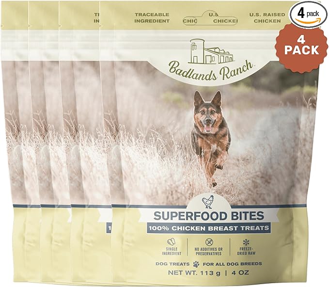 BADLANDS RANCH by Katherine Heigl – Superfood Bite Freeze-Dried Raw Chicken Breast Dog Treats – High Protein Single-Ingredient Snacks for Training, Rewards & Daily Wellness – 4 oz (Pack of 4)