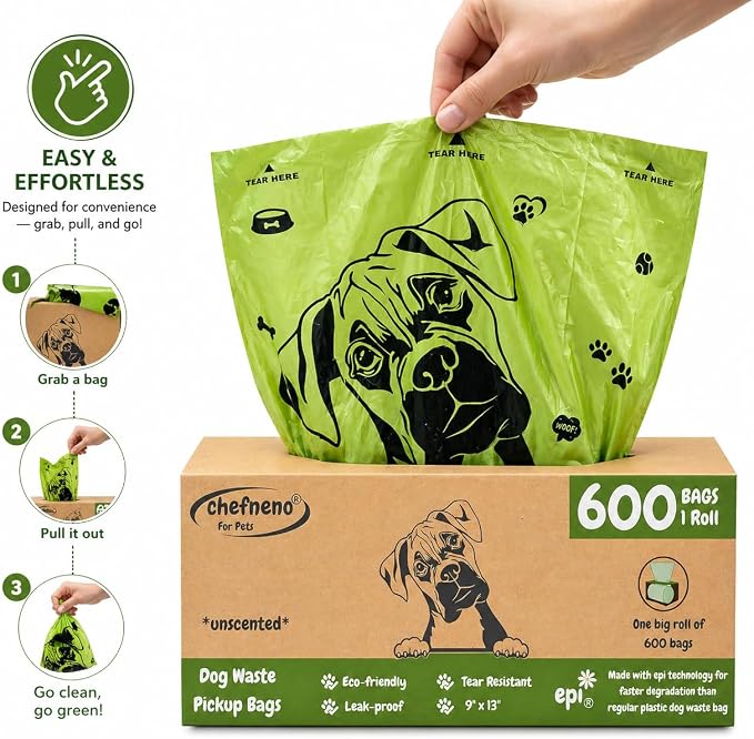 Dog Poop Biodegradable Bags One Biig Roll (600 ct.) Eco-friendly Doggy Poop Bags Pet Waste Pickup Bag Degradable Cat Waste Disposal Bags (1 Roll, 600 Bags)