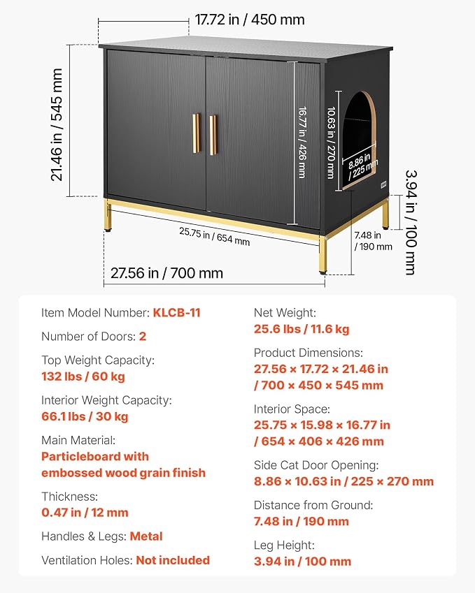 VEVOR Cat Litter Box Enclosure Furniture, 27.6 in Hidden Litter Box Cabinet with Metal Legs & Handle, Modern Style Cat Washroom House End Table, Fit Most of Litterbox, for Bedroom Living Room