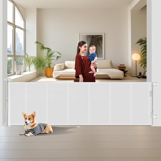 Miumoon 150 inch Retractable Baby Gates 34 inch Tall, Retractable Gate with Reinforced Strip Design to Prevent Crawling Through, 12 FT Extra Wide Retractable Dog Gate for Indoor/Outdoor