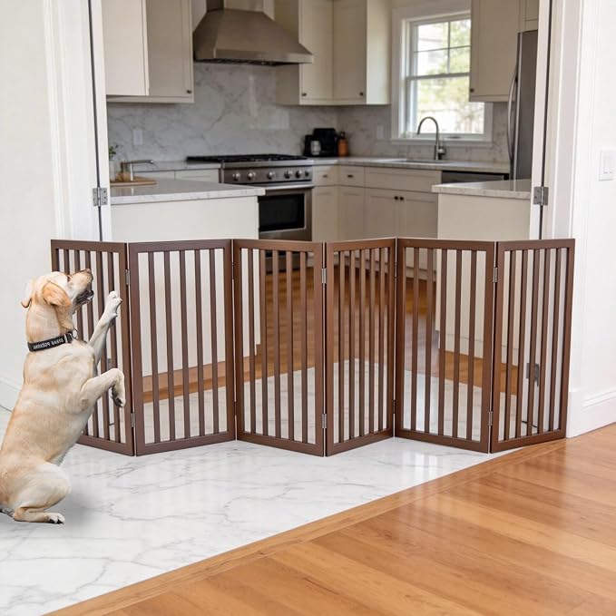 Dog Gate Indoor, Freestanding Dog Fence for The House, Doorways, Hallways,or Stairs,Pet Gate Foldable Wooden,Expandable 24" Height 6 Panels,Brown