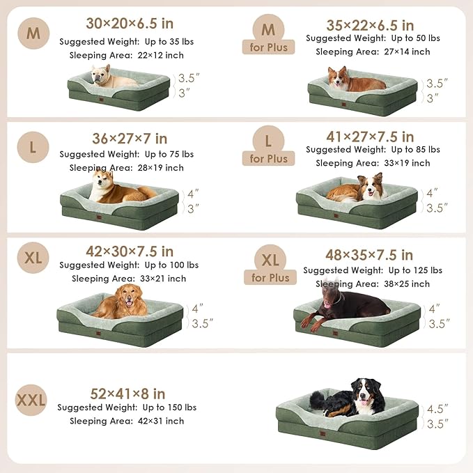 EHEYCIGA Orthopedic Dog Bed for Large Sized Dog, 41x27 Inch Large Memory Foam Dog Couch Bed with Sides, Waterproof Liner & Washable Removable Cover, Bolster Pet Sofa, Green