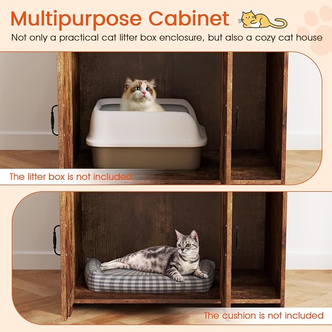 PETSITE Industrial Cat Litter Box Enclosure with Storage Shelves, 2-in-1 Wooden Hidden Litter Box Furniture with 3-Tier Open Shelf, 51-Inch Tall, Rustic Brown