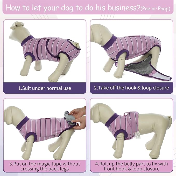 Kuoser Dog Surgery Recovery Suit, Soft Breathable Dog Recovery Suit for Female Spay Male Nueuter, Anti Licking Puppy Onesie Pet Surgical Suit for Dogs Abdominal Wounds Skin Disease, Purple Strips M