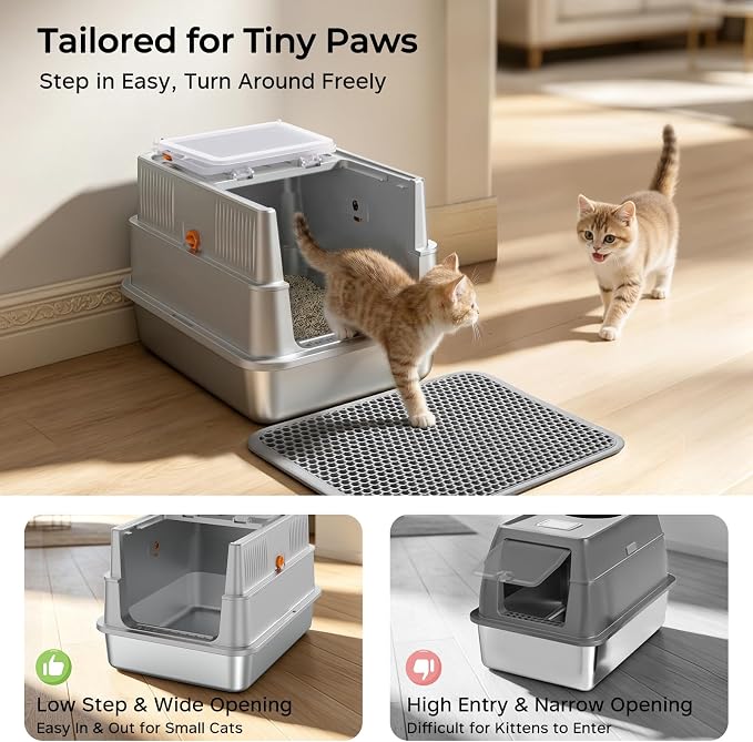 URPOWER Stainless Steel Cat Litter Box with Lid 180° Flip-Top Enclosed Kitty Litter Box Non-Sticky Metal Pan with High Sided & Scoop for Kitten, Small Cats, Odor Free, Anti-Leakage, Easy Cleaning
