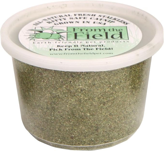 from The Field | Fine Ground Stalkless Catnip | Premium USA-Grown Catnip for Toys & Playtime | Fresh, Potent, Non-Toxic, Eco-Friendly | Safe for Kittens & Cats | Resealable 3.5 oz Tub